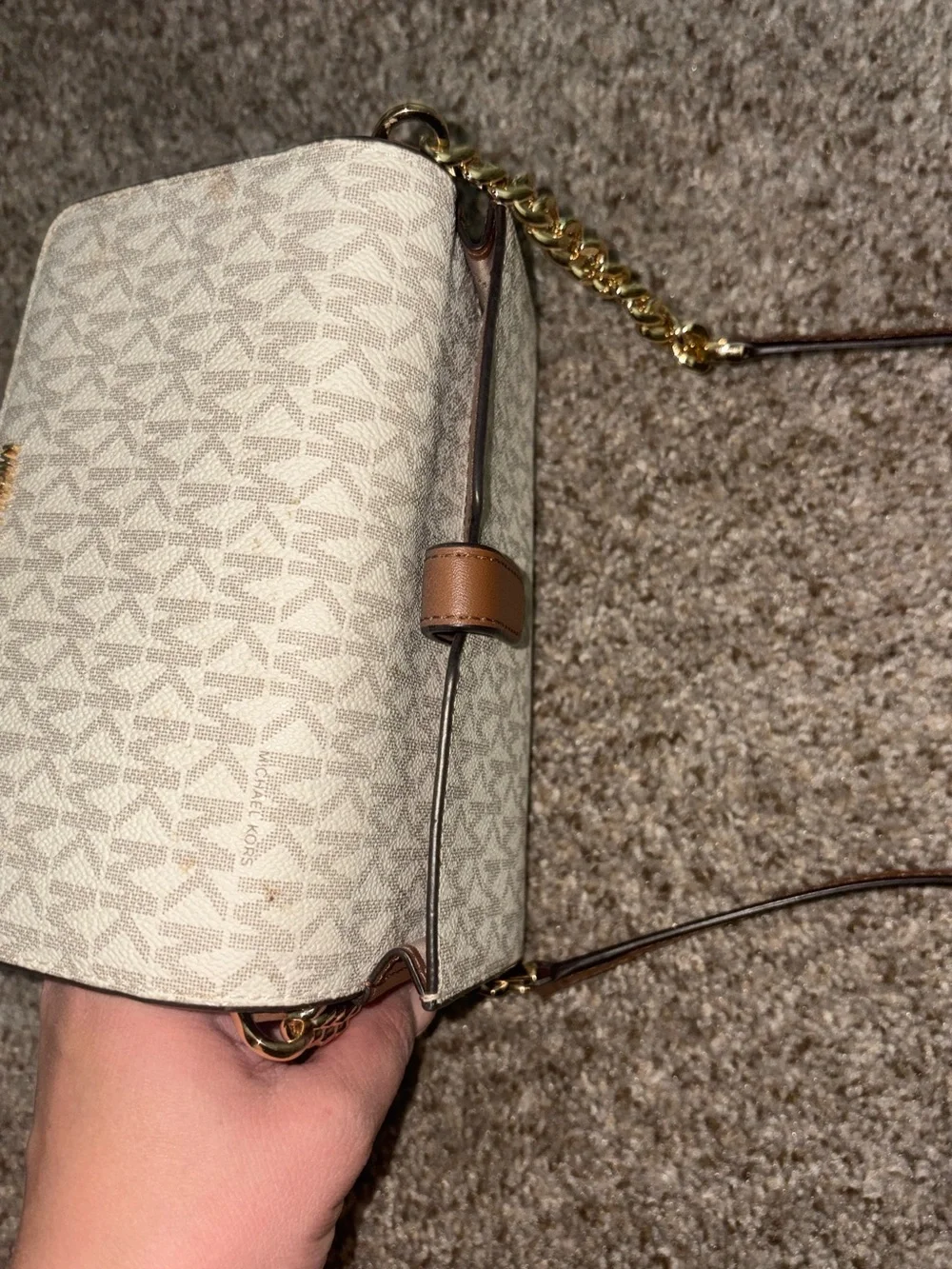 Michael Kors Cream and Brown MK Signature Crossbody Bag